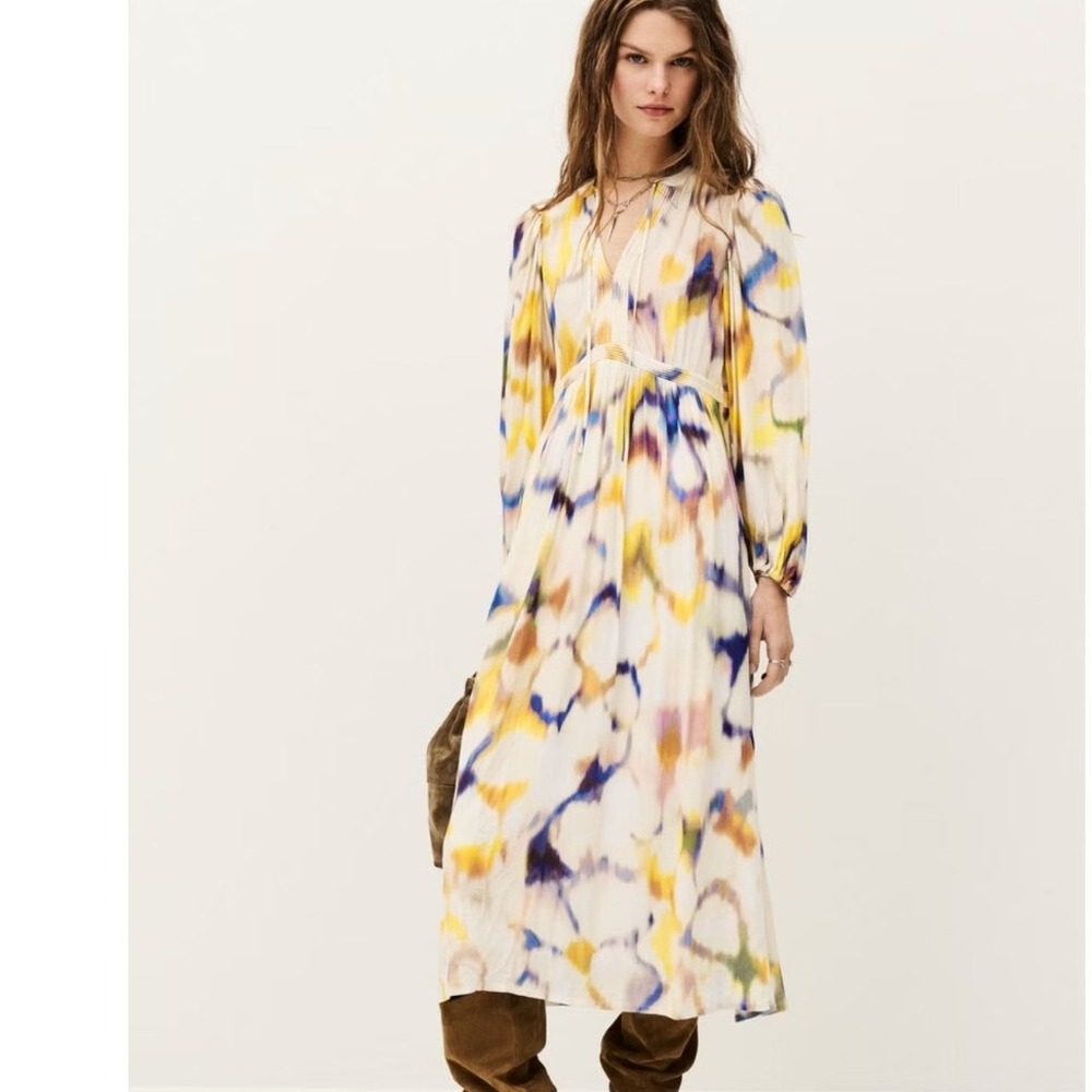 NWT Ba&SH Floria Multicolor Abstract Floral Printed Midi Dress SzS Boho Artsy